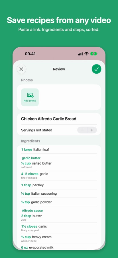A recipe imported from a video, with ingredients and steps sorted