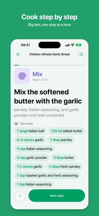 Cook mode: one step at a time in big text