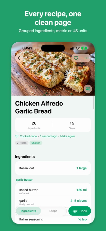 A clean recipe page with grouped ingredients